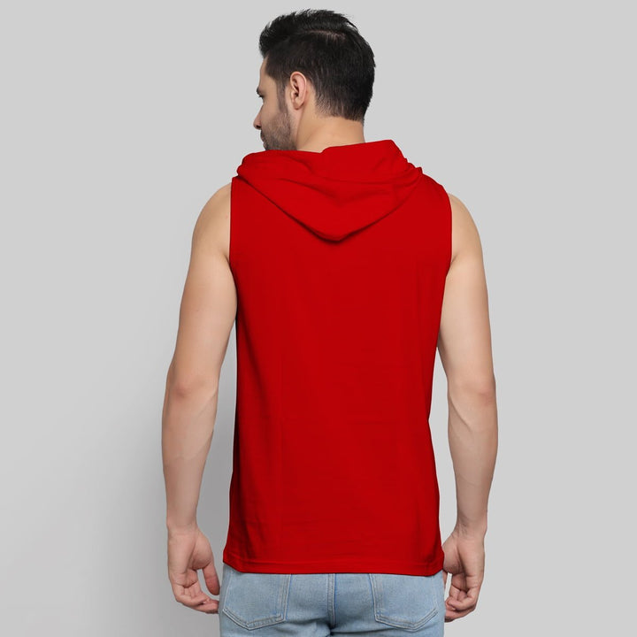 Juxar mens red polyester gym sando with hood sleeveless design for workout and casual wear