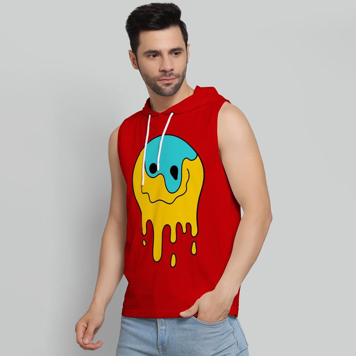 Juxar men's sleeveless red polyester gym sando with colorful melting smiley graphic and hood