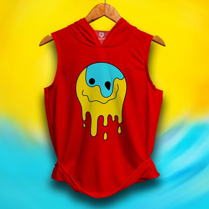 Juxar mens red polyester gym sando with sleeveless hood and colorful melting smiley face design