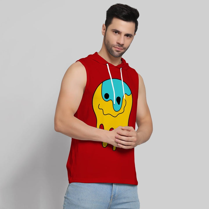 Juxar men's polyester gym sando sleeveless red hoodie with colorful graphic print