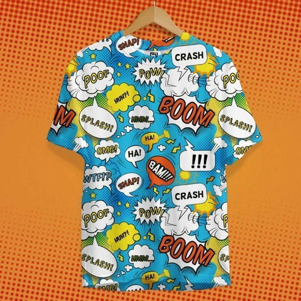 Juxar printed gym workout t-shirt with colorful comic book style speech bubbles and sound effects