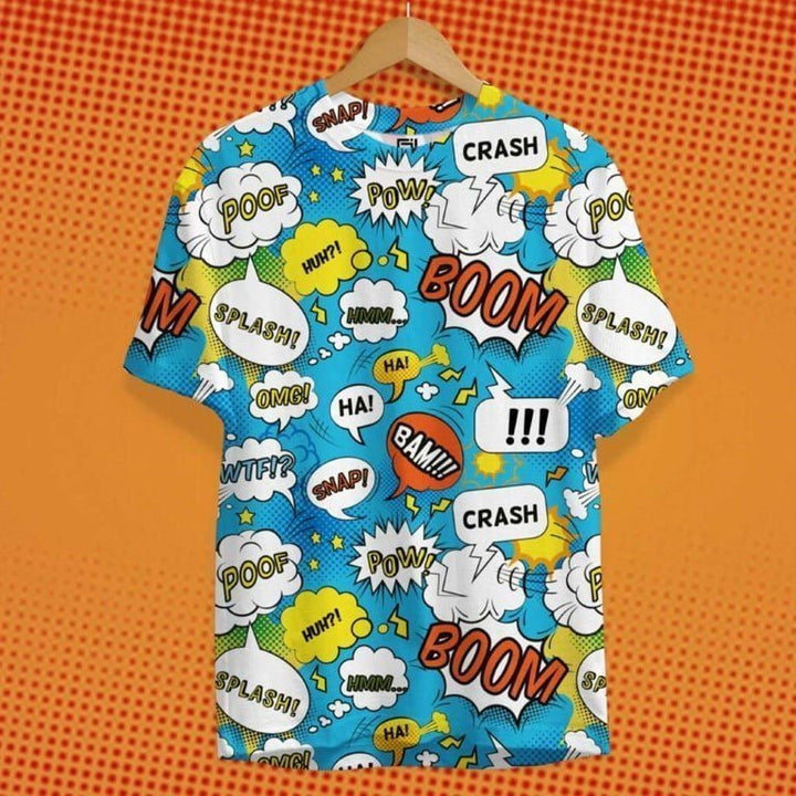 Juxar printed gym workout t-shirt with colorful comic book style speech bubbles and sound effects