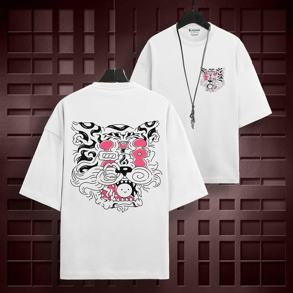 Juxar vintage cotton oversized t-shirt in white with black and pink abstract tiger design front and back