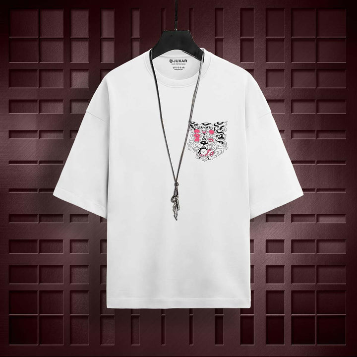 Juxar vintage cotton oversized t-shirt in white with graphic pocket design and short sleeves