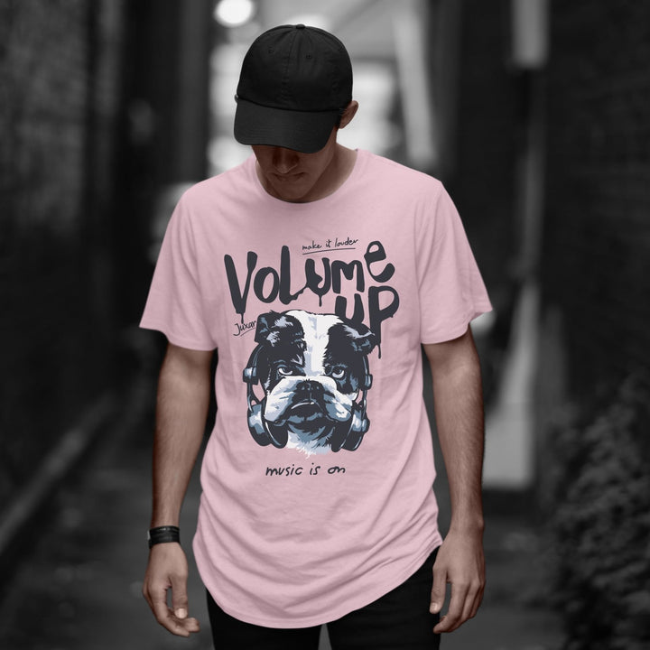 Juxar designer longline t shirt cotton longline tee in pink with bulldog wearing headphones print on male model in streetwear