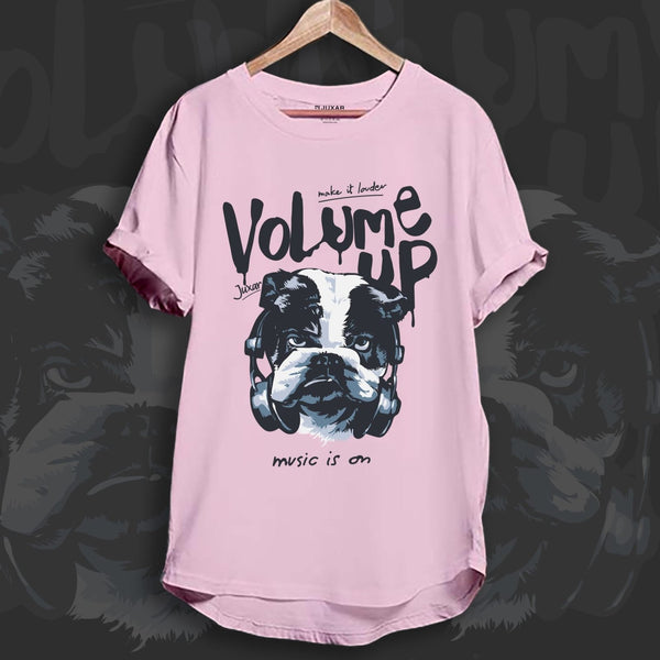 Juxar pink cotton designer longline t shirt with bulldog headphones graphic and curved hem for casual wear