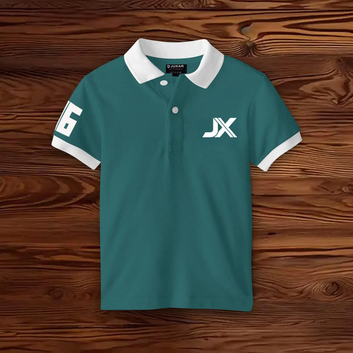 Juxar teal polo with white collar JX logo and sleeve number 6 trendy cotton polo tee for casual wear