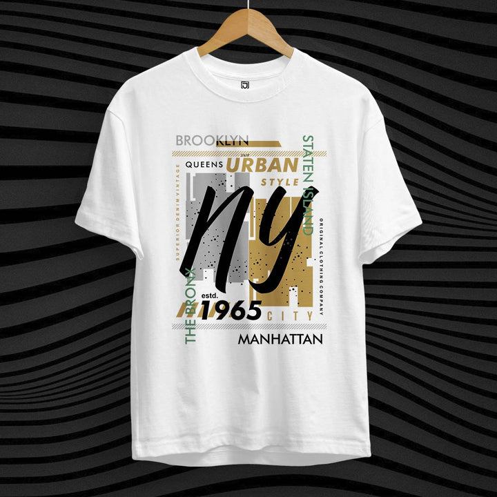 Juxar white cotton t shirt with NY urban style graphic for cotton t shirts for events and promotions