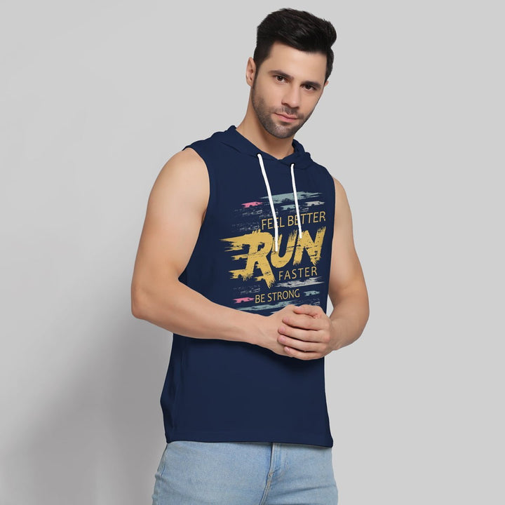 Mens sleeveless navy workout hoodie with motivational run graphic by Juxar