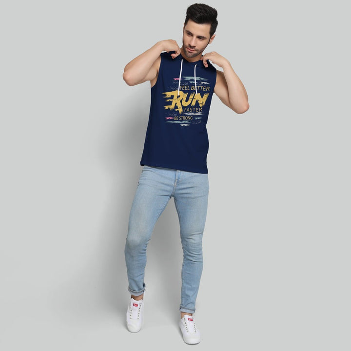 Juxar mens navy sleeveless workout hoodie with motivational run faster print