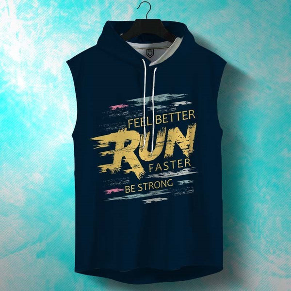 Juxar mens sleeveless workout hoodie in navy blue with motivational running graphic