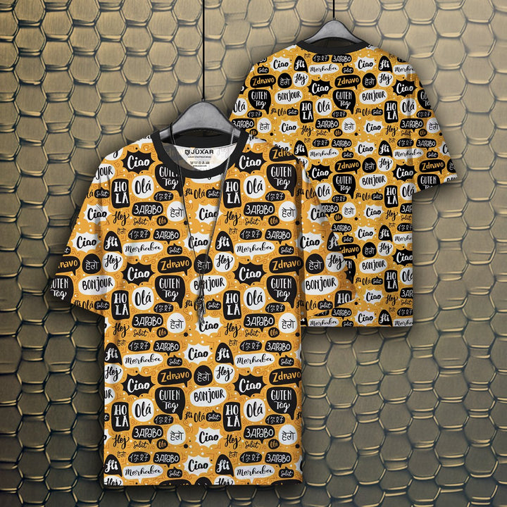 Juxar hip hop oversized printed t shirt with allover yellow and black multilingual greetings pattern front and back view