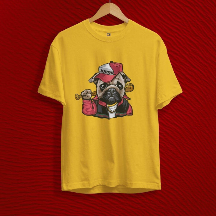 Juxar yellow cotton t shirt with long-lasting fabric featuring a graphic pug wearing a cap and jacket