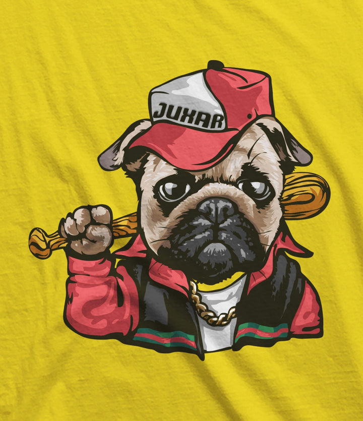 Juxar cotton t shirt with long-lasting fabric featuring a graphic of a pug wearing a red hat and jacket holding a baseball bat
