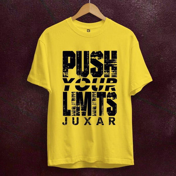 Juxar yellow slim fit cotton t shirt for men with push your limits graphic print