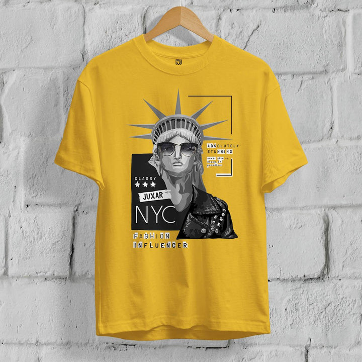Juxar yellow soft feel cotton t shirt for everyday use with NYC fashion influencer graphic