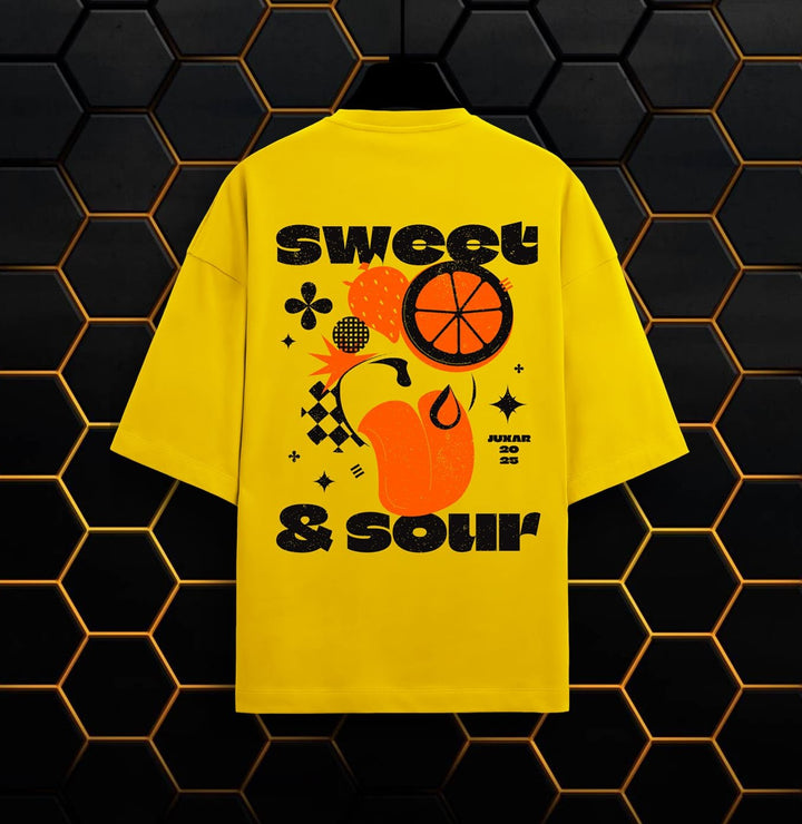 Juxar oversized yellow sweet and sour graphic t-shirt with bold fruit and text design