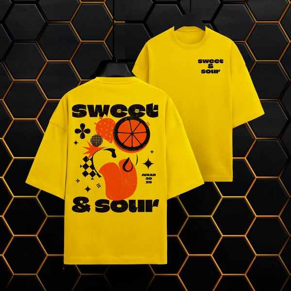 Juxar oversized yellow sweet and sour graphic t-shirt with bold fruit design on back and text on front