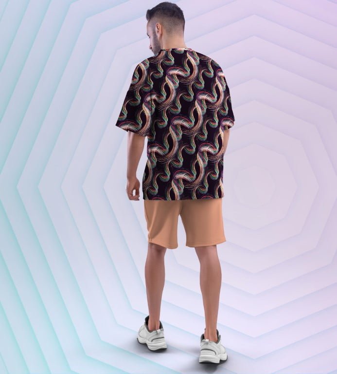 Juxar anime printed oversized t shirt with colorful wavy pattern on black back view worn with tan shorts
