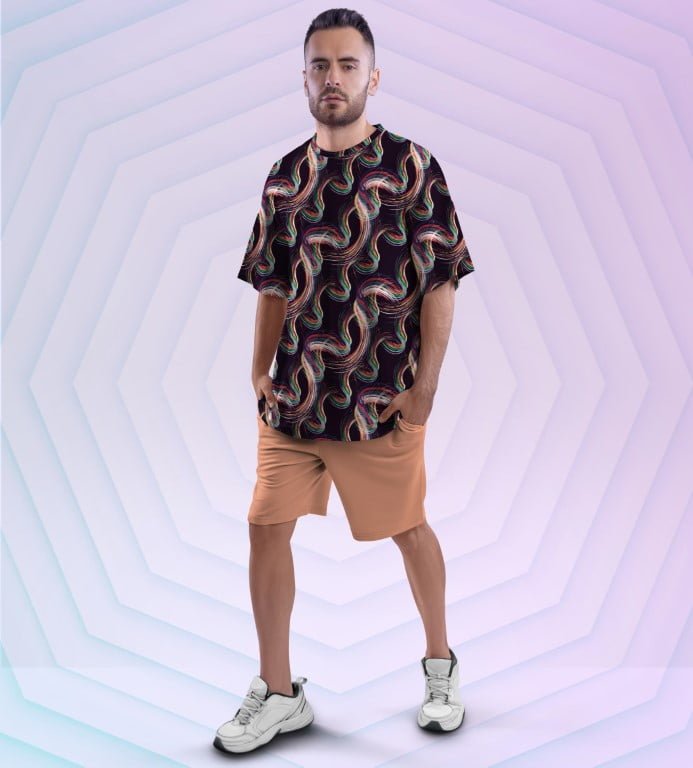 Juxar anime printed oversized t shirt on male model with colorful wave print paired with tan shorts and sneakers