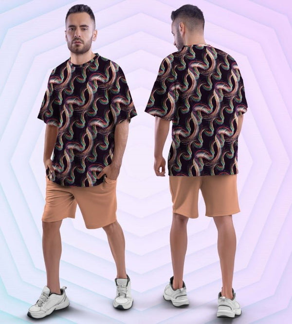 Juxar anime printed oversized t shirt with multicolor wavy print shown front and back on model